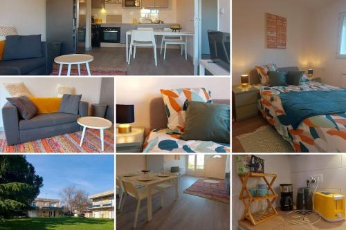 eine Collage mit Fotos von einem Wohnzimmer und einem Schlafzimmer in der Unterkunft Cosy Zenith Purpan in Toulouse