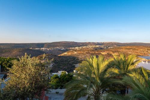 an aerial view of a city with palm trees at וילה ריש - וילה מהממת למשפחות עם בריכה מחוממת וג'קוזי in Yarka