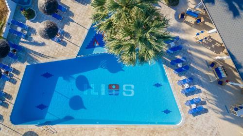 an overhead view of a swimming pool with a palm tree at Hotel Hara Ilios Village in Gouves