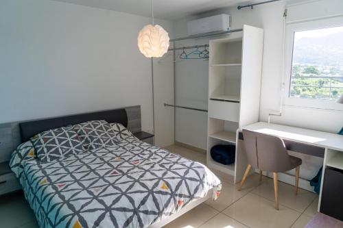Schlafzimmer mit einem Bett, einem Schreibtisch und einem Fenster in der Unterkunft T2 Fleur de Lotus in Saint-Denis