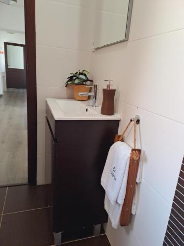 a bathroom with a sink and a towel rack at Casa da Sinagoga in Tomar