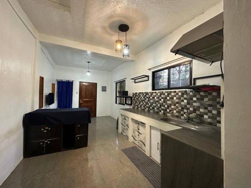 uma cozinha com um lavatório e uma bancada em House in Coron-The Grey House em Coron