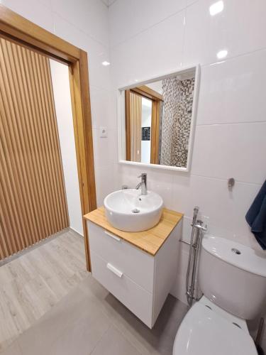 a bathroom with a sink and a toilet and a mirror at Casa do Castelo in Tomar