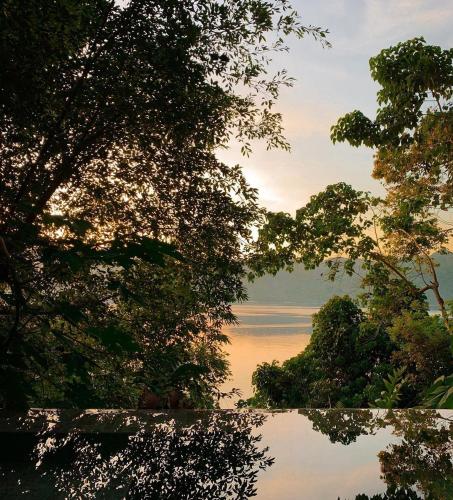 a view of a lake from between two trees at Bugana Beach and Dive Resort in Manlocahoc