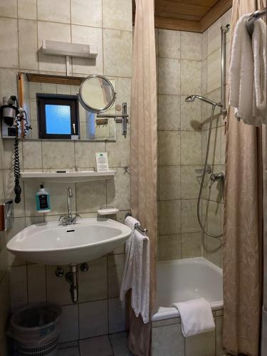 a bathroom with a sink and a shower and a tub at Haus Jupp in Zandt