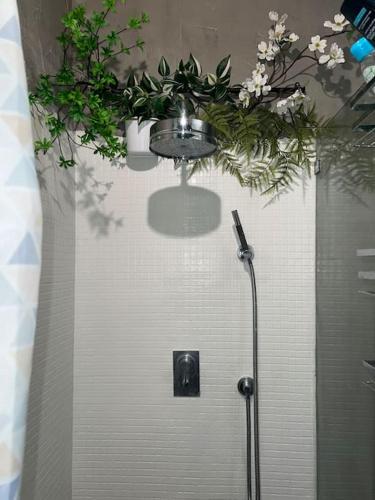 La salle de bains est pourvue d'une douche avec des fleurs au plafond. dans l'établissement Le San Luis Obispo, à Montpellier