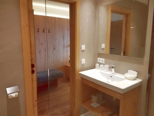 a bathroom with a sink and a glass shower at Aparthotel Hohe Brücke-NPHT Sommercard inklusive in Mittersill