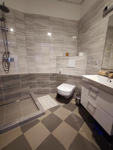 a bathroom with a shower and a toilet and a sink at Bástya Apartman in Tata