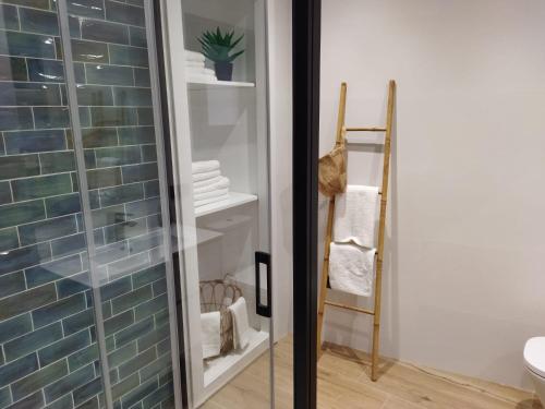 La salle de bains est pourvue d'une porte de douche en verre et de serviettes. dans l'établissement Hostal Sa Malica, à Blanes