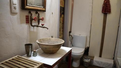 y baño con lavamanos y aseo. en Romy's Room - ensuite in shared Village Chateau, en Chalabre