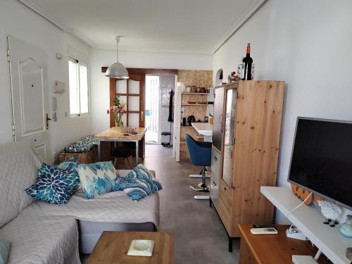 ein Wohnzimmer mit einem Sofa und einem TV in der Unterkunft Vera Playa Apartamento muy cuco con jardín y 2 habitaciones in Vera