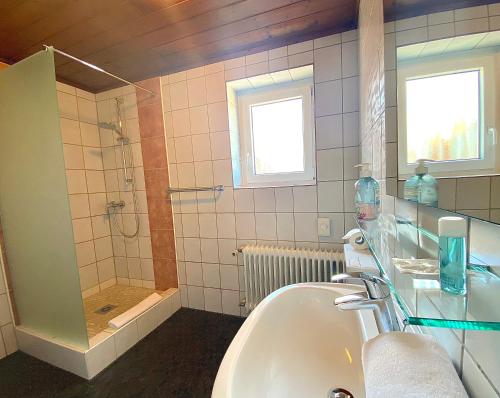 a bathroom with a tub and a sink and a shower at Hotel Gasthof Rose in Günzburg