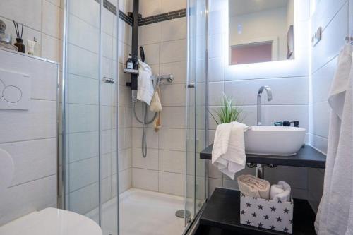 La salle de bains est pourvue d'une douche en verre et d'un lavabo. dans l'établissement Vier-Jahreszeiten-Haus-I-Wohnung-60, à Großenbrode