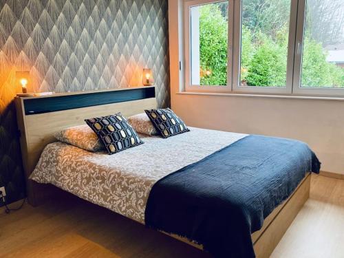 1 dormitorio con 1 cama con 2 almohadas y 2 ventanas en Les Fougères 12 personnes SPA/SAUNA, en Le Tholy