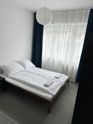 Bett in einem Zimmer mit Fenster in der Unterkunft Hostel Demi in Krakau