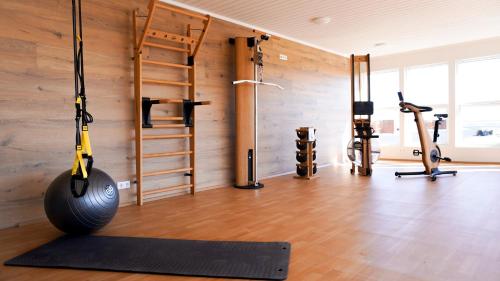 a room with a gym with a treadmill and weights at Stracta Hotel in Hella