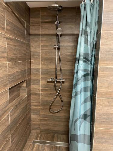 a bathroom with a shower with a shower curtain at Cozy Urban Retreat with Self check-in and Netflix in Panevėžys
