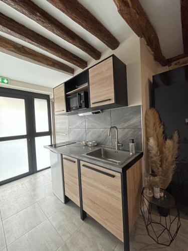 une cuisine avec un évier et un comptoir dans l'établissement L’Eden Centre ville, à Melun