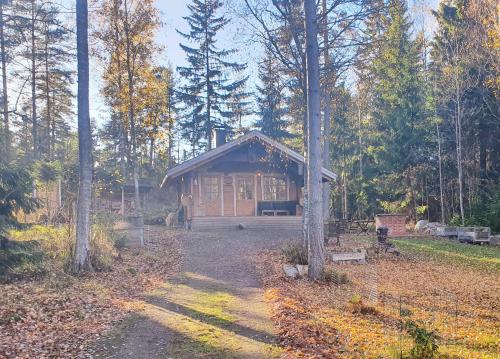 a log cabin in the woods with a yard at Saunamökki Emäsalossa in Porvoo