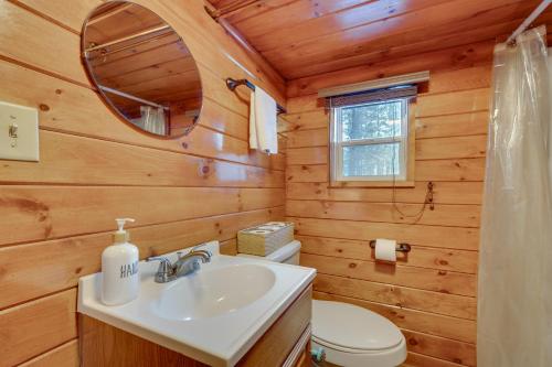 W łazience znajduje się umywalka, toaleta i lustro. w obiekcie Laconia Cabin with Grill 2 Mi to Weirs Beach! w mieście Laconia