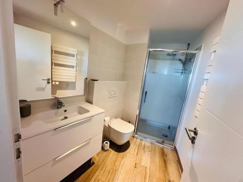 une salle de bain avec une douche, un lavabo et des toilettes dans l'établissement Aux Vents du Sud, à Collioure