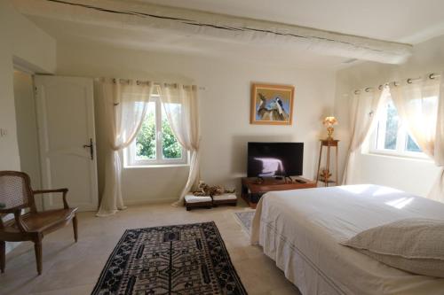 1 dormitorio con 1 cama, TV y 2 ventanas en Air-conditioned Provençal farmhouse with private pool, view magnificent, located in Lagnes, close Isle S/Sorgue, 9 people, en Lagnes