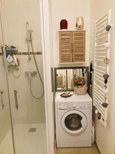La salle de bains est pourvue d'un lave-linge et d'une douche. dans l'établissement Appartement avec terrasse, Arena Paris sud 7 km, à Clamart