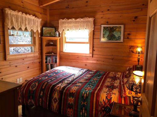 ein Schlafzimmer mit einem Bett in einem Blockhaus in der Unterkunft Little Wolf Cabin in Maggie Valley
