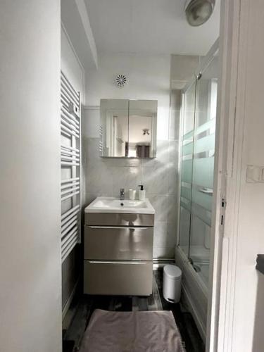 ein weißes Bad mit einem Waschbecken und einer Dusche in der Unterkunft Le coin cosy 38 m2 in Orchies