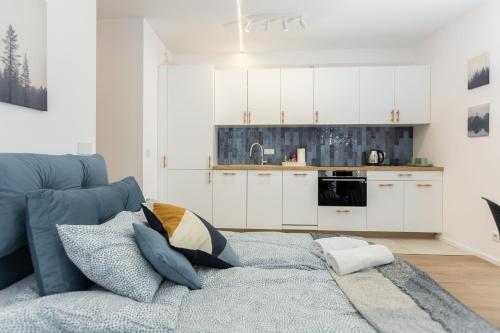 Il comprend un salon avec un canapé bleu et une cuisine. dans l'établissement A4 Apartament November, à Lublin