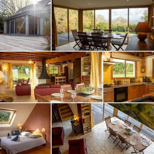 un collage de photos d'un salon et d'une maison dans l'établissement LA Camélia/au calme/vue mer, à Roscanvel