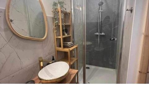 a bathroom with a shower and a toilet and a mirror at Apartament Inna Droga in Walim