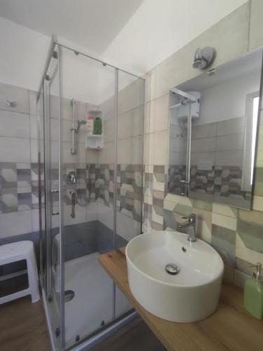 a bathroom with a sink and a glass shower at Tacco e Punta bed&breakfast in Grisi