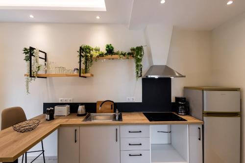 uma cozinha com um lavatório e uma bancada em Vallia's Seaview & Stylish Apartments by Konnect, Nisaki em Nisakion