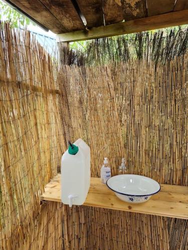 La salle de bains est pourvue d'un lavabo et d'un rouleau de papier toilette. dans l'établissement La Cabane du Berger, à Saint-Didier-sur-Arroux