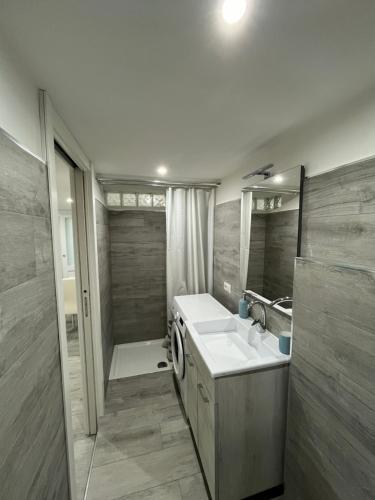 a bathroom with a sink and a shower and a mirror at Monolocale "Sula" in Agropoli