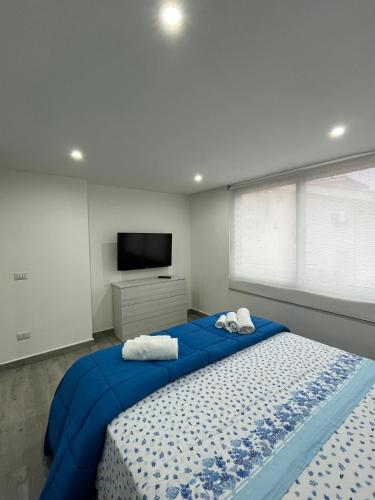 a bedroom with a large bed with two towels at Monolocale "Sula" in Agropoli