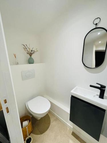 La salle de bains blanche est pourvue de toilettes et d'un miroir. dans l'établissement Maison au milieu des chevaux, à LʼIsle-sur-la-Sorgue