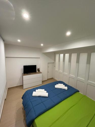a bedroom with a blue bed and a television at Monolocale "Raja" in Agropoli