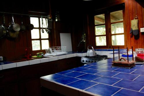 una cocina con encimeras y ventanas de azulejos azules en Los Quetzales Ecolodge & Spa, en Cerro Punta