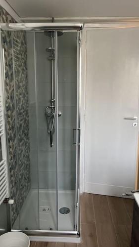 a shower with a glass door in a bathroom at Anna House in Cosenza