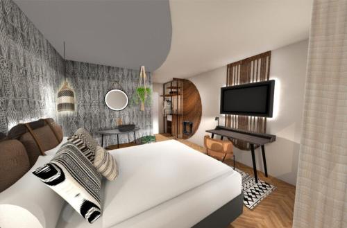 ein Wohnzimmer mit einer weißen Couch und einem Klavier in der Unterkunft Ratshotel - City Aparthotel Aalen in Aalen