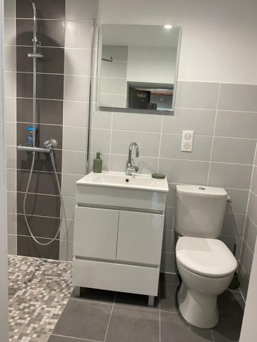 Un baño con inodoro, lavabo y ducha. en Maison Curières, en Curières