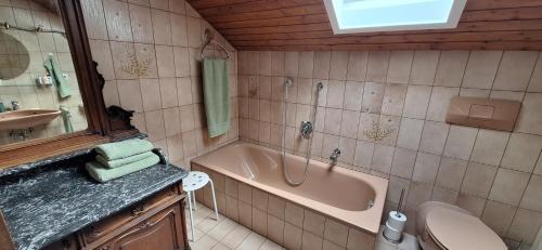 La salle de bains est pourvue d'une baignoire, de toilettes et d'un lavabo. dans l'établissement Ferienhaus Resch, à Laufen