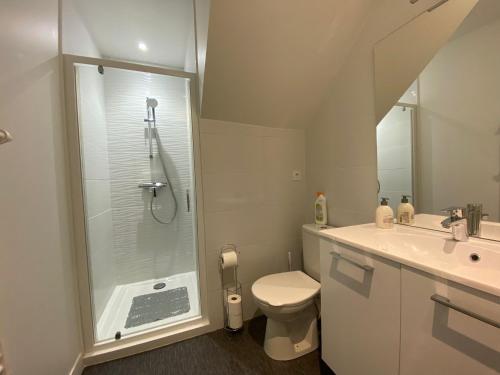 uma casa de banho com um chuveiro, um WC e um lavatório. em Appartement neuf de type 3 em Soyaux
