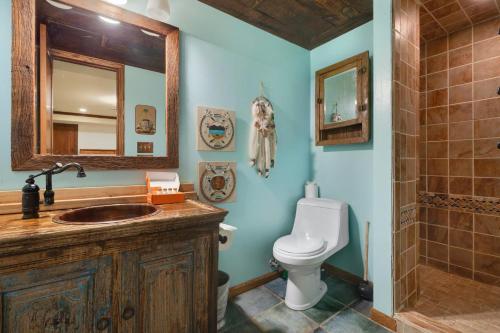 a bathroom with a toilet and a sink and a shower at Catamount Lodge in Ridgway