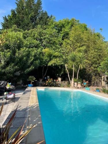 une grande piscine bleue avec des arbres en arrière-plan dans l'établissement L’écrin de Cléama, à Figanières