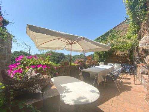 a patio with tables and an umbrella and flowers at Splendida villetta con giardino in Barbarano Romano