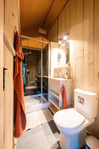a bathroom with a toilet and a sink and a shower at De Limes Hoeve Safaritent A2 in Ingen