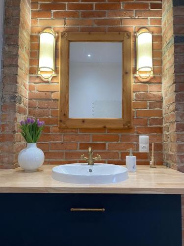 a bathroom with a white sink and a brick wall at Apartments PSD - Anny Łajming 1B in Słupsk